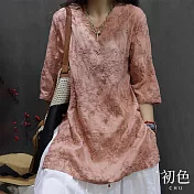 【初色】碎花刺繡V領素色寬鬆顯瘦短袖休閒T恤上衣-共4色-35295(M-2XL可選) M 藕色