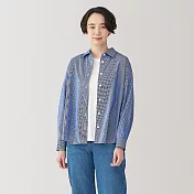 【MUJI 無印良品】女水洗平織布標準領長袖襯衫 S 深藍直紋