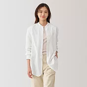 【MUJI 無印良品】女水洗平織布立領長袖長版襯衫 L 象牙白直紋