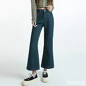 【MsMore】 普洗深藍高腰微喇牛仔褲復古顯瘦百搭四面彈九分休閒喇叭褲# 123093 2XL 牛仔藍色