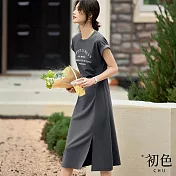 【初色】收腰顯瘦字母印花圓領短袖中長裙連衣裙連身洋裝-灰色-35536(M-2XL可選) L 灰色