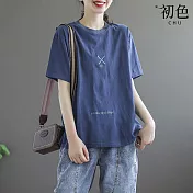 【初色】寬鬆文藝風刺繡圓領五分短袖T恤上衣女上衣-共4色-33932(M-4XL可選) M 藍色