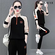【AMIEE】時尚立領拚色運動兩件套(KDAQ-441) L 黑色