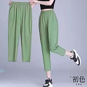 【初色】簡約純色彈力冰絲薄款哈倫運動褲九分褲休閒褲寬褲長褲-共4色-35782(M-4XL可選) M 綠色