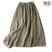 【初色】棉麻風顯瘦垂感鬆緊腰高腰A字裙中長裙半身裙-共5色-35784(M-3XL可選) M 灰綠色