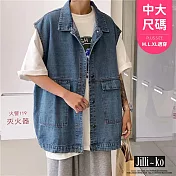 【Jilli~ko】中大尺碼港風復古牛仔寬鬆馬甲 J11698 FREE 藍色