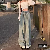 【Jilli~ko】復古高腰顯瘦垂感直筒牛仔褲 M-XXL J11726  L 藍色