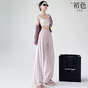 【初色】冰絲薄款涼感抽繩垂墜感直筒速乾闊腿休閒褲寬褲長褲-共4色2款-35671(M-XL可選) M 粉色常規款