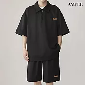 【AMIEE】寬鬆休閒冰絲POLO衫兩件套(男裝/KDAY-A112) M 黑