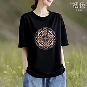 【初色】圖騰印花圓領五分短袖T恤上衣女上衣-共5色-35680(M-3XL可選) XL 黑色