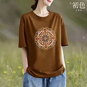 【初色】圖騰印花圓領五分短袖T恤上衣女上衣-共5色-35680(M-3XL可選) XL 咖啡色