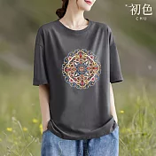 【初色】圖騰印花圓領五分短袖T恤上衣女上衣-共5色-35680(M-3XL可選) XL 灰色