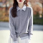 【MsMore】 娃娃領系扣毛針織開衫假兩件絞花軟糯親膚短版上衣# 123087 FREE 灰色