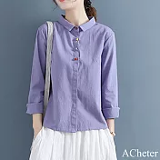 【ACheter】 盤扣復古中國風翻領純色棉麻長袖襯衫文藝短版上衣# 122760 M 紫色