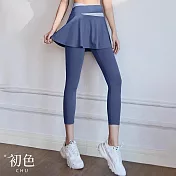 【初色】高腰提臀防走光彈力拼色假兩件九分褲瑜珈運動長褲-共5色-37484(M-2XL可選) M 藏藍色