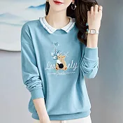 【MsMore】 小熊字母刺繡翻領長袖針織衫爆款寬鬆顯瘦短版上衣# 122914 FREE 藍色