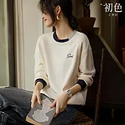 【初色】撞色刺繡字母寬鬆圓領長袖T恤上衣女上衣-米色-37142(M-3XL可選) XL 米色