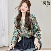 【初色】復古圖騰碎花印花圓領開襟V領長袖寬鬆襯衫T恤上衣女上衣-花色-37076(M-XL可選) M 花色