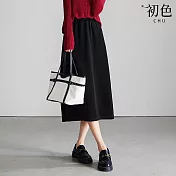 【初色】通勤風純色燈芯絨毛呢後開衩A字半身裙中長裙-共3色-37516(M-2XL可選) M 黑色