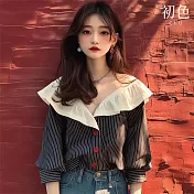 【初色】休閒風寬鬆黑白條紋拼接單排釦圓領七分袖襯衫上衣女上衣-黑白條紋-38187(M-3XL可選) M 黑白條紋