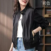 【初色】休閒風純色立領拉鍊口袋棒球服夾克飛行長袖外套女外套-黑色-38212(M-2XL可選) M 黑色