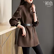 【初色】韓版純色寬鬆系帶單排釦高領長袖美拉德呢子大衣外套女外套-深棕色-38294(M-2XL可選) M 深棕色