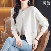 【初色】薄款純色短版開衫平口口袋針織毛衣外套女外套-共4色-37980(F可選) F 米白色