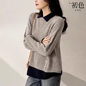 【初色】撞色拼接假兩件翻領長袖針織衫寬鬆針織上衣女上衣-共4色-37993(F可選) F 灰色