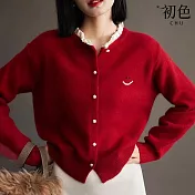 【初色】法式純色荷葉領珍珠單排釦微笑針織開衫長袖毛衣罩衫上衣女上衣-共2色-38021(F可選) F 紅色