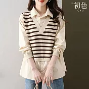 【初色】條紋翻領長袖假兩件大學T恤針織衫女上衣-共4色-38330(F可選) F 米色