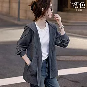 【初色】運動風空氣層純色連帽長袖外套女外套-深灰色-38376(M-2XL可選) M 深灰色
