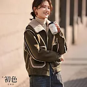 【初色】韓系撞色明線拼接大口袋寬鬆保暖加厚休閒夾克拉鍊外套-綠咖色-38291(M-2XL可選) M 綠咖色