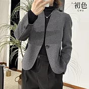 【初色】通勤風純色修身單釦開衫長袖外套短款大衣外套女外套-共2色-38332(M-2XL可選) M 灰色