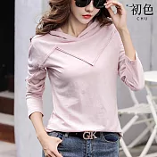 【初色】純色造型線條寬鬆長袖連帽T恤上衣女上衣-共4色-38257(M-3XL可選) M 粉色