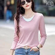 【初色】顯瘦寬鬆V領假兩件長袖T恤上衣女上衣-共3色-38261(M-3XL可選) M 粉色