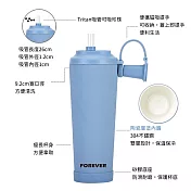 【FOREVER】韓系手提式不鏽鋼陶瓷塗層吸管杯/可吸珍珠/附吸管蓋830ml -冰川藍