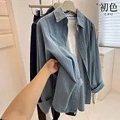 【初色】韓版復古純色寬鬆顯瘦單排釦口袋POLO領長袖牛仔外套女外套-共2色-38030(M-XL可選) M 淺藍色
