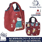 【Kusuguru Japan】日本眼鏡貓 大開口一體成形寬底大手提包 精緻刺繡圖案立體尾巴 水桶包/手提包 -紅色