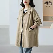 【初色】休閒風純色簡約翻領長袖寬鬆中長款風衣外套女外套-共3色-38041(M-XL可選) M 杏色