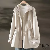 【初色】長袖純色連帽抽繩拉鍊抽皺風衣外套女外套-米色-38201(M-3XL可選) M 米色