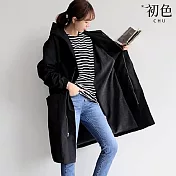 【初色】日系純色收腰大口袋長款連帽風衣長袖外套女外套-共2色-38076(F可選) F 黑色