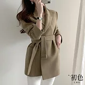 【初色】韓版系帶收腰顯瘦寬鬆素色休閒毛呢大口袋大衣外套-共4色-38215(M-XL可選) M 卡其色