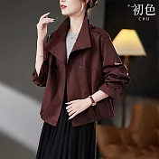 【初色】純色簡約休閒寬鬆百搭翻領長袖短款夾克風衣外套女外套-共3色-38481(M-3XL可選) M 安可拉紅