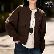 【初色】素色圓領長袖工裝棒球外套女外套-共3色-38503(M-XL可選) M 酒紅色