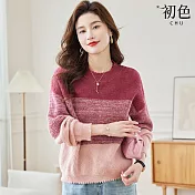 【初色】漸層分層拼接圓領長袖寬鬆針織毛衣針織衫上衣女上衣-共3色-38407(F可選) F 紅色
