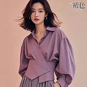 【初色】韓系純色交叉收腰顯瘦翻領燈籠袖長袖襯衫上衣女上衣-紫色-38452(M-2XL可選) M 紫色