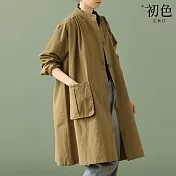 【初色】文藝風寬鬆立領長袖風衣外套女外套-共2色-38520(L-XL可選) L 卡其色