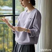 【MsMore】 中式國風緹花缎面長袖拼接圓領寬鬆短版上衣# 123442 M 紫色