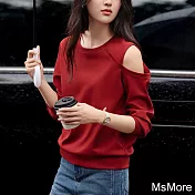 【MsMore】 休閒長袖圓領露肩紅色廓型感短版上衣# 123443 M 紅色