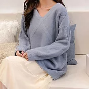 【言】羊駝絨V領百搭長袖針織毛衣 FREE 霧藍色